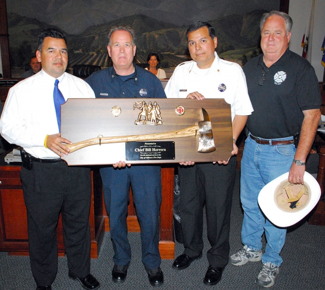 Pictured (l-r) Outgoing Fire Chief Bill Herrera, Captain Bob Thompson, New Fire Chief Rigo Landeros, and Retired Fire Chief Pat Askren.