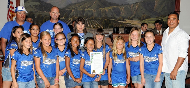 Pictured above but no in order are the Fillmore Girls Softball 10 and Under All-Star Team: Manager Mario Robledo, Head Coach Louie Garza, Assistant Coach Ryan Weeks and Jeff Fontes. Players: Navaeh Walla, Heaven Aparicio, Olivia Robledo, Isabella Ayala, Addison Weeks, Jessie Fontes, Lexi Garza, April Lizarraga, Alyssa Ibarra, Aaliyah Golson, Julissa Montes, Alexis Johnston, and Mayor Gayle Washburn, at back. The girls competed at the Western Nationals Tournament in Spokane, Washington.