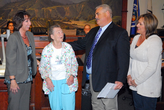 At Tuesday night city council meeting Mayor Steve Conaway presented a proclamation to Pearl Lee Broughton, for her invaluable volunteer service to the Senior Center. Pictured (l-r) Annette Cardona, Pearl Lee Broughton, Mayor Steve Conaway, and Lori Nunez.