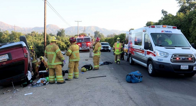 On Friday, August 18th at approximately 6pm reports of a car roll-over on Cliff Avenue and Old Telegraph Road were reported. Fillmore Fire Department responded and located a single car, with two occupants already outside the vehicle. The individuals were transported to the hospital. Cause of the accident is under investigation. Photo Courtesy Fillmore Fire Department.