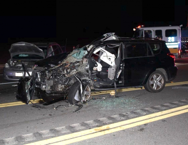 A 2-car traffic collision involving a horse took place Sunday night, February 28 at 8:30pm, on Highway 126 east of Center Street, Piru. CHP indicated a horse was running in the center lanes of the highway and had been hit. The horse was killed at the scene in the westbound lane. A black SUV and silver Toyota van were involved and came to rest in the eastbound lanes. One critical patient was extricated and transported by ambulance to Henry Mayo Newhall Hospital with major injuries; one patient received minor injuries. The highway was closed in both directions, with eastbound lanes opening at approximately 10:00pm, and all lanes opened by 10:30pm. No further information was available. Photos courtesy Angel Esquivel—AE News.