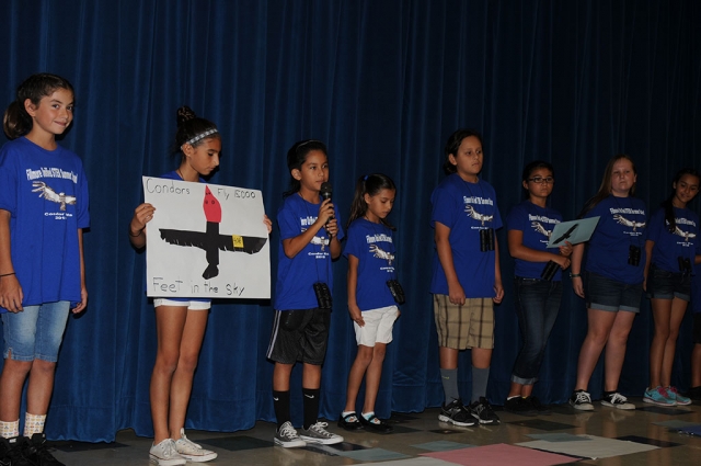 Mountain View Elementary celebrated the launching of a California Condor Cam on August 26th. The assembly included Condor exhibits, a stage production, above, and guests from the US Fish & Wildlife Service and a representative from Congresswoman Julia Brownley’s office. The cam, located at www.allaboutbirds.org, streams live from a CALIFORNIA CONDOR nest. Tucked into a cliffside cavity above the Sespe just north of Fillmore, a 4-month old condor nestling is pondering the world. It was made possible by the folks over at The Condor Cave, including the US Fish and Wildlife Service, the Santa Barbara Zoo, and the Western Foundation of Vertebrate Zoology (WFVZ) (Camarillo Bird Museum). The Condor Cam is manned by the Cornell Lab of Ornithology.