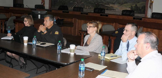 (l-r) Fillmore City Attorney Tiffany Israel, Fire Chief Rigo Landeros, Mayor Diane McCall, City Planner Kevin McSweeney, and City Manager David Rowlands listen to information and suggestions at Tuesday night’s special workshop meeting.