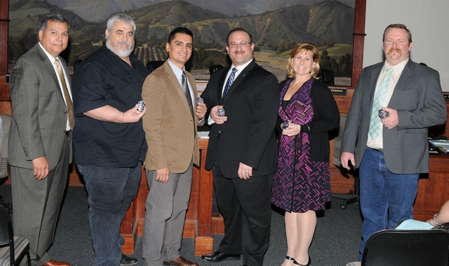 (l-r) Fillmore Fire Chief Rigo Landeros presented the Centennial Fire Badge to City Councilmember Steve Conaway, Mayor Manuel Minjares, Mayor Pro-tem Douglas Tucker, Councilmembers Diane McCall and Rick Neal.