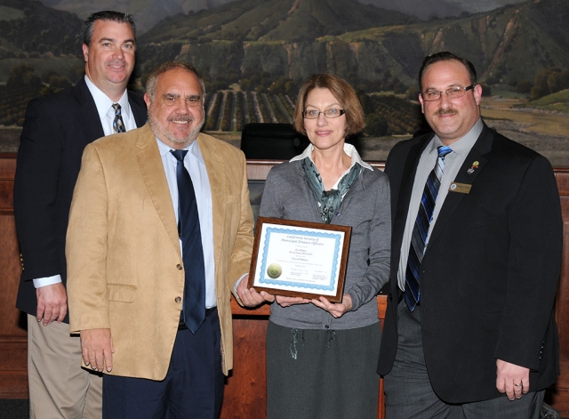 Fillmore’s Finance Director honored. Presented to the City of Fillmore’s Finance Director Gaylynn Brien from the California Society of Municipalities, was a Finance Officer Certificate of Award of Excellence for Fiscal Year 2014-2015. The award was for meeting the criteria established to achieve the Operational Budget Excellence Award.
