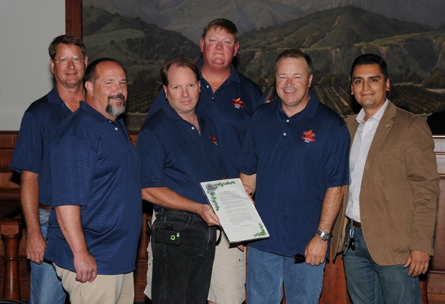 A Fillmore Fire Fighter Foundation Proclamation was presented by Mayo Manuel Mijares (right) to (l-r) Scott Klittich, Mike Bush, Scott Beylik, Mike Richardson, and Bill Morris for the generous contributions to Fillmore’s Fire Department.