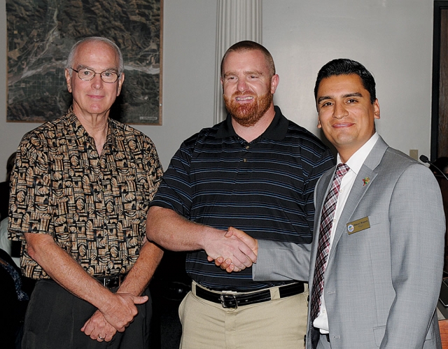 Mike Lyons and Jay Heater of Spears Manufacturing Company in Sylmar were presented with a Proclamation by Mayor Manuel Minjares at Tuesday’s council meeting for their donation of the 100 year capsule to Fillmore.