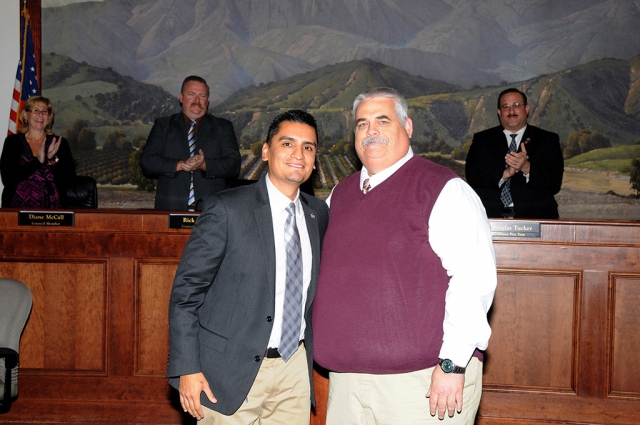 Mayor Manuel Minjares is pictured with Councilman Steve Conaway, who was presented with a Proclamation for his service on Council and to many city organizations.