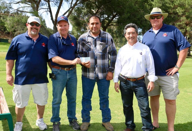 (l-r) Fillmore Fire Foundation Board Members Mike Bush, Scott Beylik, Allied Avocado and Citrus Lupe Guzman and Russell Takahashi, Board Member Mike Richardson. Fillmore Fire Foundation Board Members would like to thank Allied Avocado and Citrus for their generous donation. Photo Courtesy of Sebastian Ramirez.