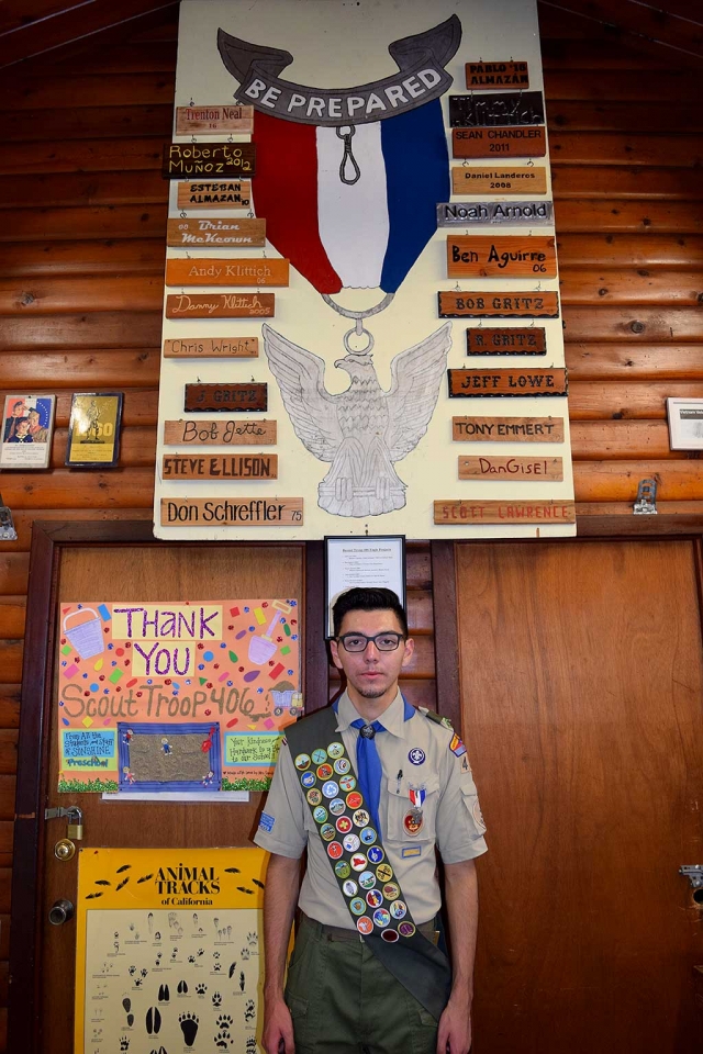 (above) Eagle Scout Pablo Almazan, before moving on to San Jose University. Pablo joined Boy Scout Troop 406 in 2009, and earned his Eagle Scout honor in June of 2016. He earned 33 merit badges and held leadership positions up to senior patrol leader and troop guide. His Eagle Scout project took place at Rancho Camulos, including adding a new flagpole on front lawn with brick finish, and planters. More than 225 hours were spent on the project. Pablo is now attending San Jose State University. Donors: Fillmore Welding, Fillmore Rental, Fillmore Building Supply, Patterson Hardware, Cemex, Aswell Trophy, Advanced Bellows Inc., Otto and Sons, Martin Hernandez, Boy Scouts and parents of Troop 406.