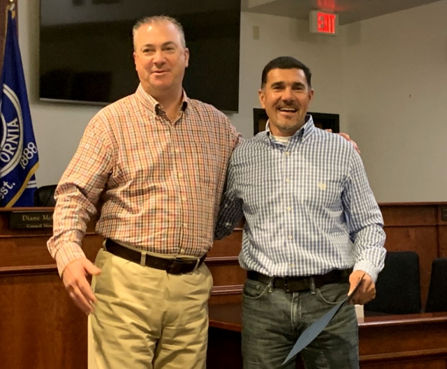 Fillmore City Manager David Rowlands, left, with Jaime Magdaleno who was recently congratulated at an employee luncheon for his 24 years of service in Public Works for the City of Fillmore. As he starts a new path in his career, we wish him the very best in his endeavors as he will be leaving the City of Fillmore this week. He will truly be missed.