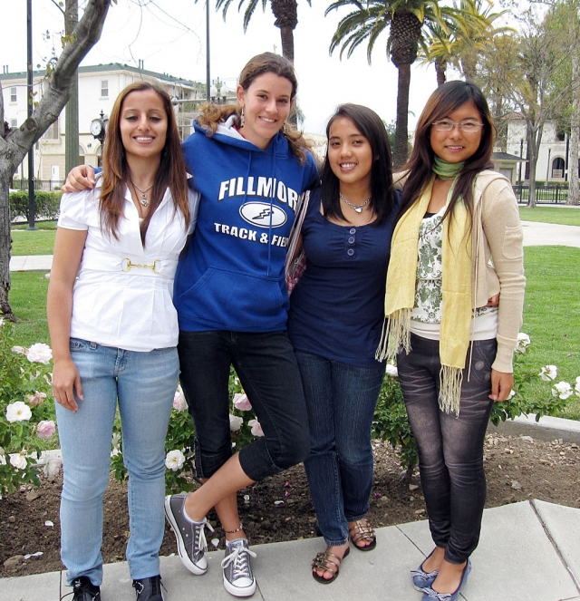 The Fillmore Noontime Rotary hosted the Fillmore High School exchange students. They are L-R Sunande from Switzerland, Franziska from Germany, Shervina from the Philippines and Samantha from Hong Kong.