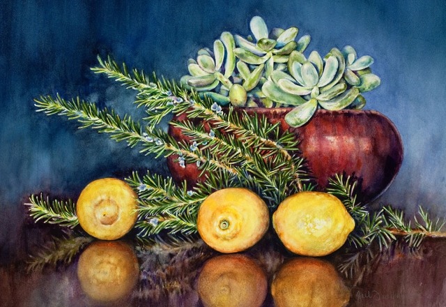 “Succulents and Lemons” watercolor on paper, 11” x 14”, by Gail Faulkner.