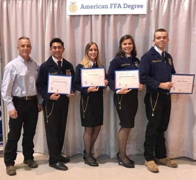 From October 24 - October 27, 2017 four members from the Fillmore FFA traveled to Indianapolis, Indiana for the 90th National FFA Convention to receive their American Farmer Degrees. Receiving degrees this year were Jeffrey McGuire, Hannah Wishart, Sonya Gonzalez and Chris Berrington. The American Farmer Degree is a very prestigious and highest award any FFA member can receive, less than 1% of FFA members in the United States receive this achievement. Ag Advisor and teacher at Fillmore High School, Mr. Joe Ricards was also honored at the National Convention, receiving his Honorary American Farmer Degree for his many years of service the to the FFA program. Over the years, more than 20 Fillmore FFA students have received their American Farmer Degrees.