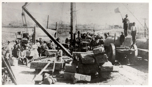The loading blocks at Brownstone Siding in 1890. A hoist was used to load the cut stone onto a wagon which would then be hauled to the “Brownstone” stop on the train line. Photos courtesy Fillmore Historical Museum.