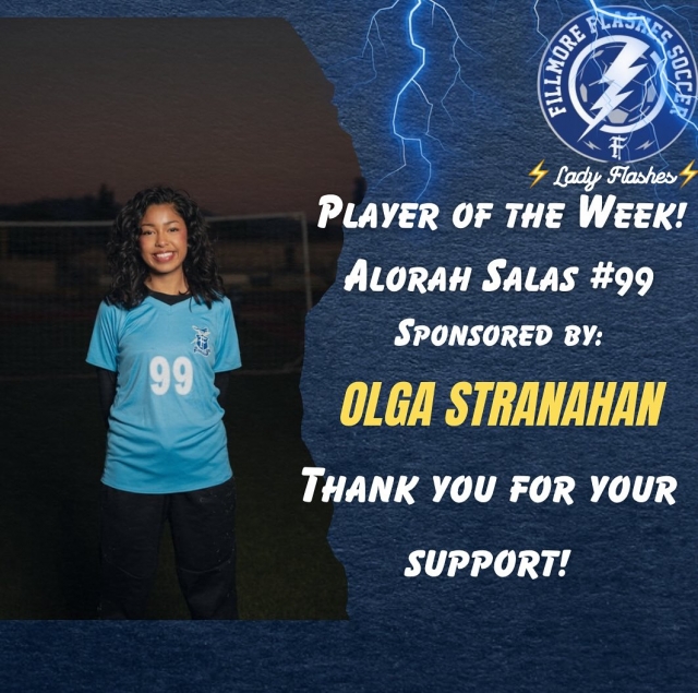 Congratulations to Alorah Salas for earning Player of the Week! Thank you, Olga Stranahan, for your support! Courtesy https://www.facebook.com/pages/Fillmore%20High%20School/10957323906153.