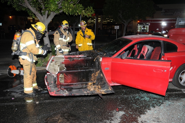 A car fire destroyed this 2-door fastback on Thursday, April 2nd at 9:15pm. The fire seemed to start in the engine area; no injuries reported. Engine 91 responded and put out the flames quickly.
