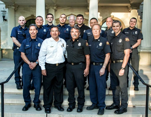 Keith Gurrola was sworn in as Fillmore’s new fire chief at Tuesday’s council meeting. Gurrola is pictured center, with interim Fire Chief Bill Herrera to his right. Herrera stepped in to the position after the death of Chief Rigo Landeros in January. Photo courtesy Bob Crum