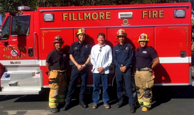 The Fillmore Fire Foundation would like to acknowledge and thank Chris Balden from the Balden Ranch Company for a recent generous donation. Pictured left to right; Assistant Chief Bill Herrera, Firefighter Greg Swirm, Chris Balden, Firefighter Jordan Castro, Engineer Mike Salazar. Submitted by Fillmore Fire Chief Keith Gurrola.