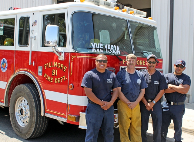 On 7-29-2010 the City of Fillmore Fire Department responded with four other local agencies to support Los Angeles County Firefighters battling the Crown Fire in the Antelope Valley. Fillmore E91 was deployed on a strike team for three days where they assisted Los Angeles Fire crews with protecting structures and extinguishing hotspots. Pictured Left to Right: Captain Billy Gabriel, Engineer Rich Hawkins, Captain Adolfo Huerta & Engineer Joseph Palacio.