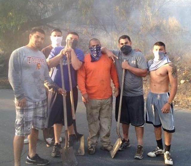 When a group of young Fillmore residents saw the flames from the Goodenough Fire Monday, they knew what they had to do; grab some shovels and get to work digging a fire break and breaking down brush. Antelmo Sandoval, not pictured, said it best, “We were just doing what we had to do to help our neighbors out.” Pictured (l-r) are Ray Alvarado, Jaime Ramos, Joseph Aguilar, Freddie Ponce Jr, Joseph Ponce and Kevin Ponce. The young men hiked from Maple Court to Foothill, helping from house to house as they passed by. They are an example of Fillmore’s best!