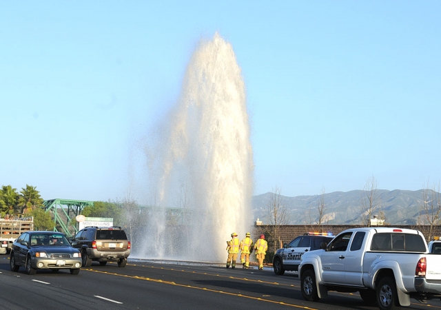 Monday, at approximately 5 p.m. an eastbound18-wheel tractor-trailer struck and severed a power pole and fire hydrant on Ventura Street near Mountain View Street. A geyser nearing 100 feet high resulted in substantial flooding. Eastbound traffic was restricted to a single lane for more than an hour. The exact cause is under investigation. No injuries were reported.
