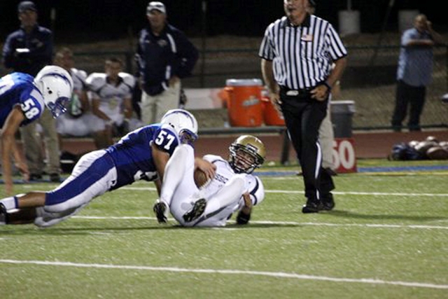 Juan Moreno #57 tackles a Mission Prep runner during last Friday night’s game. Varsity Football Highlights: FHS=7 Mission Prep=40. The Flashes held Mission to 7 points in the second half. Andrey Sanchez ran for 131 yards. Collin Farrar ran for 123 yards. According to Coach Dollar, “ We made too many mistakes in the first half, but we played well in the second half, This is one of the best teams we have faced in five years.” J.V. Football Highlights: FHS J.V. = 33 Mission Prep J.V. =7. Fillmore Flashes JV started off the season with a victory against visiting Mission Prep high school. The leading scorer for the Flashes was Daniel Flores who rushed for 2 touchdowns. Also scoring for the Flashes were Michael Luna, Damien Gonzalez, Joseph Magana, who also had 2 interceptions one of which was a defensive score. On defense the Flashes were led by Michael Castro and Andy Vasquez, who held the visiting team to less than 50 total yards. Next week the Flashes welcome Village Christian for their Homecoming game.