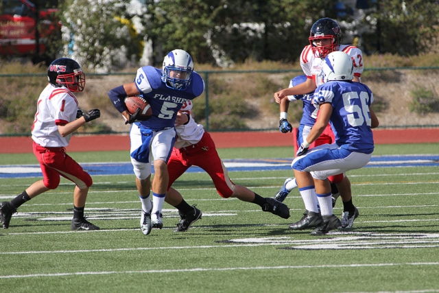 Fillmore JV defeats Village Christian 47-7. Fillmore Flashes JV went into their homecoming hoping to follow up last week’s strong performance with another home victory. The Flashes started the game off with a bang with a 75 yard touch down on opening kick-off by Daniel Flores (Pictured above). The Defense held Village to three first downs. The Defense was lead by Daniel Flores, Michael Castro, and Jorge Andrade, who had 2 interceptions. On Offense Hayden Wright scored two touchdowns for the Flashes. Also scoring were Michael Luna, Carlos Briseno, Damien Gonzalez, and Jorge Andrade. The Offensive line created many opportunities for the running backs all game. The Line was led by Chad Petouglu, Michael Townead, Steven Rodriguez, Nick Lui, Chad Hope, and Rafael Hernandez. Photo courtesy Crystal Gurrola.