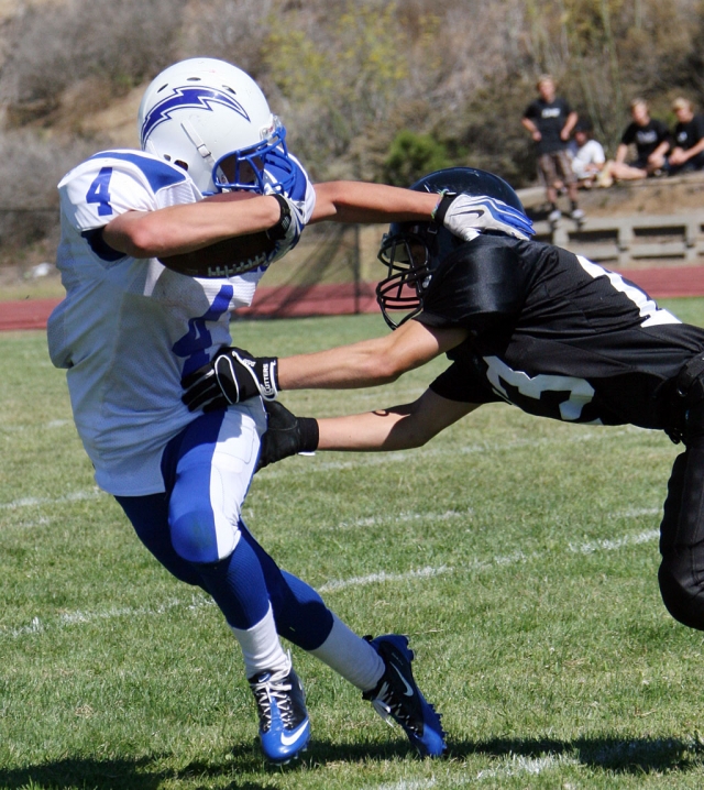 Collin Farrar #4 had a great game against Malibu Saturday. Farrar had 20 carries for 193 yards. Nick Paz had 11 carries for 77 yards, Corey Cole was 8 of 14 for 162 yards, Chris De La Paz had 6 catches for 143 yards, Johnny Golson was the leading tackler with 12. Cole also had a 93 yard fumble recovery for a touchdown. Fillmore won 53-0, and will play Village Christian this Friday at home. According to Coach Dollar, “We came out strong in the first half, but we had too many penalties (14 for 120 yards) and it was good to see some of our back-up players get reps.”