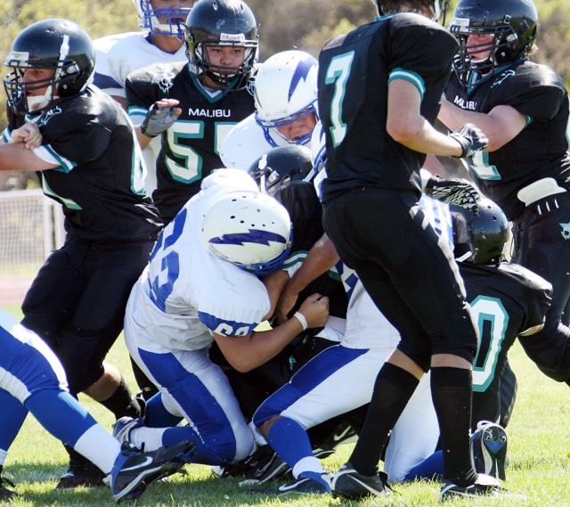 Brett Edwards #63, helped his teammates bring down Malibu last Saturday. J.V. won.