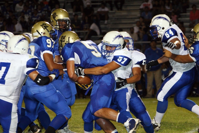 Victor Gomez #57 brings down Channel Islands runningback. On Defense Matt DeLaCruz had 12 tackles, Jose Rangel had 10 tackles. DeLaCruz also had a two point conversion. According to Coach Dollar, “This was one of the best CI teams that I have seen in years. We had the lead twice and it got away from us. Many mental errors on our part and in all my years I don’t know of a team that fumbled the ball seven times and still won the game. It was a good test for us but will still have much that we can improve on.”