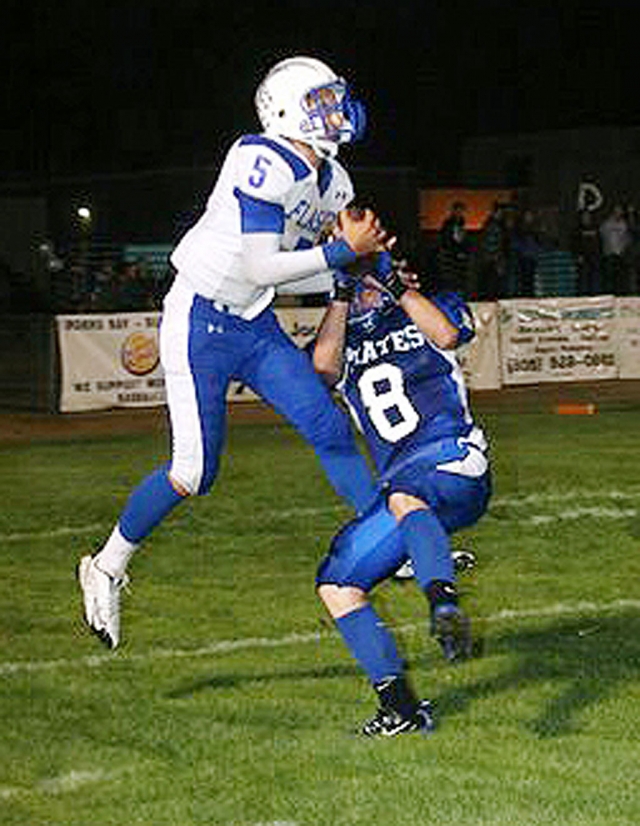 Chris DeLaPaz #5, grabs the ball away from Morro Bay and scores. Fillmore beat Morro Bay 35-14. Highlights: Corey Cole was 13 of 18 for 147 yds, Chris De La Paz had 6 receptions for 102 yds., Johnny Golson had 4 carries for 73 yds, one was a 58 yard TD run., Collin Farrar had 14 carries for 98 yds., Derek Luna had 8 solo tackles and 6 assists., Alex Gaspar had 12 tackles. Ty Casey had 12 tackles and 3 forced passes and 1 ½ sacks.“ This was a very big physical team, a tough one to beat on the road, but we played our game, we were focused and we played assignment sound football.” Junior Varsity: Jeremy Martinez, Cameron Rielly, Brett Edwards, & Adam Jimenez played well on defense. Mario Hernandez had two touchdowns--Noe Magana had one--Tyler Esquievel had one & Val Pillado had one. We won 33 to 14.