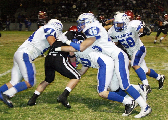 Defense had a grueling job to do against Santa Paula, and they did it. Above Tony Cortez #44, Matt DeLa Cruz # 45, and Derek Luna #58 along with the rest of the defense stayed strong. DeLa Cruz had 9 tackles, Luna had 13 tackles against Santa Paula. Cortez who plays offense as well contributed 5 catches for 83 yards and several first downs. Coach Dollar stated, “This was a great High School football game! One of the best between Fillmore and Santa Paula for years! I am very proud of the team, all of the hard work that they have put in is paying off!”