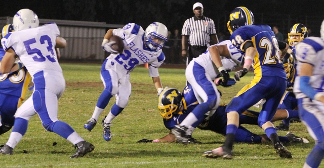 Mario Hernandez #29 intercepted the ball against Nordoff, but was unable to hold on to it. Fillmore lost 35-6. Collin Farrar had 16 carries for 77 yards and one touchdown. J.V. Football Highlights: Nordhoff 35 - Fillmore 18 - Fillmore Flashes suffered their first lost of the season against a tough Nordhoff Rangers football team. Fillmore was lead by Adam Jimenez, which rushed for 122 yards on 24 carries and 1 touchdown. Quarterback Carson McLain helped the Offense with 2 rushing touchdowns of his own. Fillmore’s young Defense put up a tough battle to the end. Overall record 7-1 Tri-Valley League 1-1.