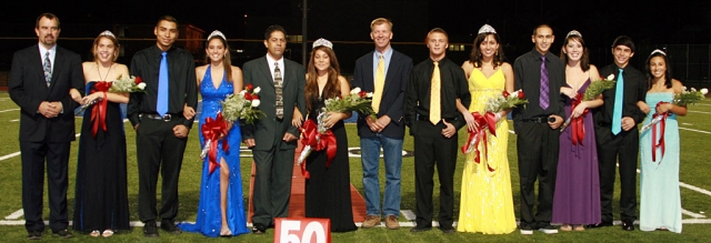 The 2009 F.H.S. Homecoming Court pictured (l-r): Principal John Wilber, Sophomore Princess Jenna Wilber, not pictured Prince Sammy Orozco, Senior Prince Jose Estrella, Princess Cory Carrillo, Joe Magdaleno, Queen Moneh Magdaleno, not pictured KingTate Suttle, Grand Marshal Kirk Richter, Senior Prince Kyle Dezavala, Princess Jazzmin Galvez, Junior Prince Gerardo Avalos, Princess Cristina Garibay, Freshmen Prince Mario Hernandez and Princess Desirae Perez. Football photos courtesy of Crystal Gurrolla.