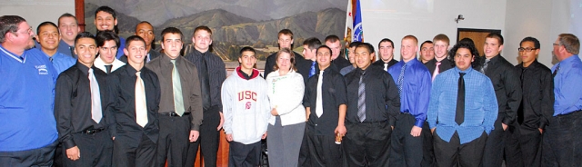 The Fillmore Flashes Football team was honored by the city council Monday night for their successful 2009 season. Pictured above but not in order are: Coaches Matt Dollar and Curtis Garner. Derek Luna, Ernesto Ballesteros, Brandon Barker, Emilio Gomez, Rudy Lopez, Johnny Golson, Major Lee, Brandon Pina, Dylan Dawson, Nick Paz, Corey Cole, Tate Suttle, Zach Golson, Branson Nelson, Alfredo Jimenez, Jose Rangel, Matt De La Cruz, Cody Jackson, Sammy Orozco, Ty Casey, Gabriel Gomez, Daniel Cruz, Kevin Brock, Nathan Garnica, and Tony Sanchez along with Mayor Patti Walker. Not pictured are Joel Amaro, Quinn Keller, John Paul Galvez, Bo Zinskey and Jonathon Sandoval.