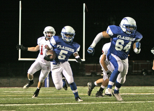 Troy Hayes #5 had over a 100 yards against Bishop Diego. Also pictured is #64 Jose “Froggy” Estrada who also had a 50 yard return.