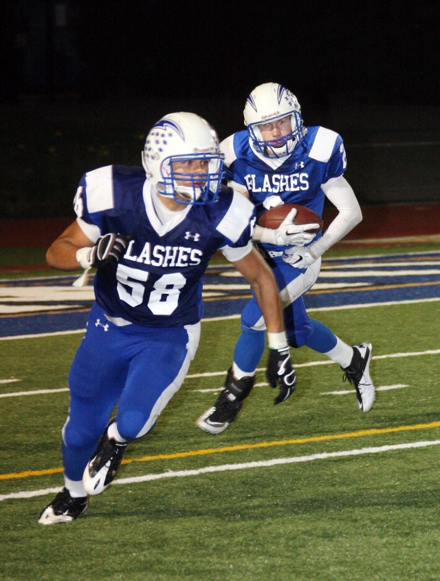 Derek Luna #58 blocks for Ty Casey #2 against Nordoff. Collin Farrar had 21 carries for 136 yards and one touchdown. Luna had 13 tackles and Daniel Cruz had a sack. Alex Gaspar contibuted 11 tackles. “We played well with all of our current injuries, our back-up players made improvements. At one point in the third quarter the entire offense was all underclassmen except for one senior”. Fillmore lost 7-42.