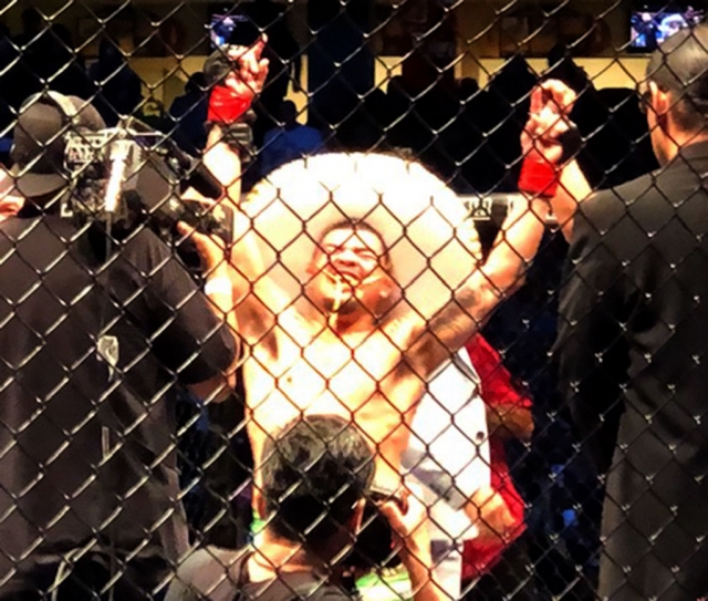 Pictured is Fillmore’s Jose “Froggy” Estrada celebrating after defeating his opponent Adrian Guzman this past Friday, April 26th, at the Glen Center on the U.S.C. campus in Los Angeles. Photo courtesy Josh Overton.