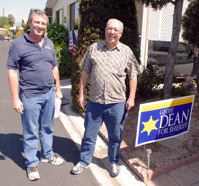 Sheriff’s Commander Geoff Dean, running for the office of Ventura County Sheriff, paid a visit to Fillmore’s El Dorado Mobile Home Park last week. Former Sheriff Larry Carpenter’s brother, Fred, right, is an enthusiastic supporter of Geoff. Everyone is reminded to vote this Election Day.