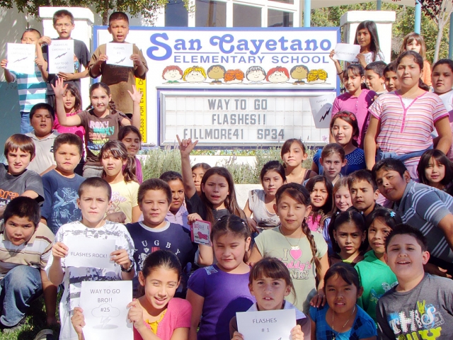 San Cayetano School celebrates Fillmore Flashes’ win over Santa Paula Cardinals.
