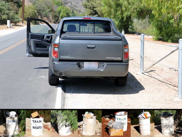 [Editorial note: New Sespe Fence Discourages Tourism, Does Little for Trash Issue. (above) A vehicle parked parallel to the Sespe fence (too close to open passenger side door) is unsafe for driver’s side activity. Although supervisor Long's letter states “To clarify, the fence was installed far enough away from the edge of the roadway to allow for vehicle parking...” the above photo shows otherwise. All new parking spaces must now be parallel, even if safe legal parking was possible, the fence severely reduces the total amount of parking spaces. Traditional parking spaces have been cut by more than two-thirds. Sespe Creek is designated as a national Wild and Scenic River and National Scenic Waterway. Its southernmost entry (trailhead) deserves a spacious place for vehicle parking. The fence should be removed, and in its place we should erect several Hi-Def cameras and impose strong fines for dumping trash. Also (above) photos taken on August 30th, 2016 of each trash can located at the end of Grand Avenue. Each can is full, some overflowing with trash. Materials found in each can dates to as early as January of 2016 indicating they have not been emptied for months.]