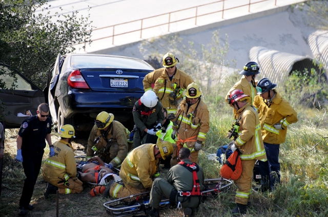 A male driver lost control of his car on Sunday, March 15th at 4:00pm, while traveling down Grimes Canyon Road. He plunged down the canyon about 500 feet, coming to rest by the rock quarry access road. The driver was airlifted to Los Robles Medical Center in Thousand Oaks. His condition is unknown.