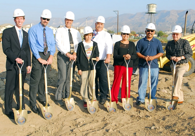 Groundbreaking for the city’s new skateboard park took place Tuesday. From left, City Attorney, Ted Schneider, City Manager, Tom Ristau, Dir. Public Works, Bert Rapp, J.J. Rangel, Mayor, Steve Conaway, Mayor Pro-tem, Cecilia Cuevas, David Lugo, and Councilman, Scott Lee. The skate park is expected to be completed by December, 2008.