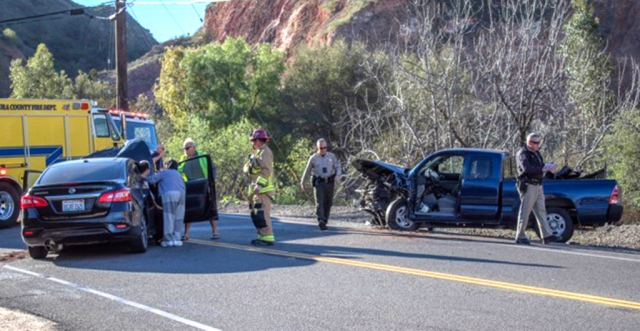 On January 22nd, 2022 at 8:29am, the Ventura County Fire Department, California Highway Patrol and AMR paramedics were dispatched to a head-on collision on Grimes Canyon Road south of Bardsdale. Arriving fire crews reported two vehicles involved, a black Nissan Sentra and a blue Toyota. One person was extricated from one of the vehicles and taken to Los Robles Hospital; a second patient suffered minor injuries. CHP closed both lanes; they were re-opened by 9:30am. Photo Credit Angel Esquivel-AE News.