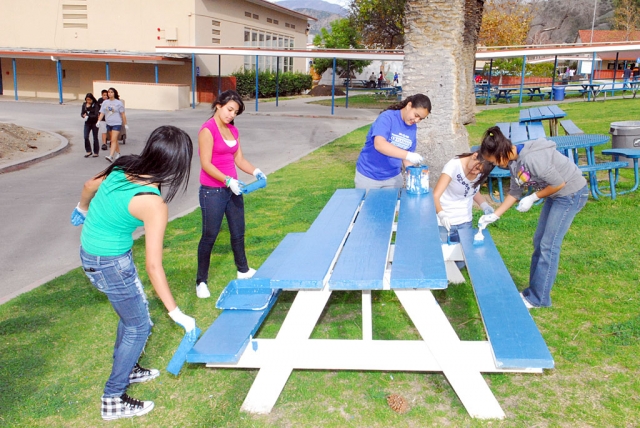 With the anticipated large turnout, preparation became the key to the success of the event.  Norma Magana and Lynn Edmonds managed the registration of participants while Bill Dewey of the Fillmore Lions Club saw that there were plenty of worthwhile projects and the necessary equipment for the event.  The Fillmore Lions Club donated 30 gum scrapers, plastic bags, gloves, and gardening tools, and fertilizer for the event.  Gama Aguilar from the Fillmore Unified School District Maintenance Department also provide support by providing mounds of mulch, a roll off dumpster, gardening tools and a pressure washer.  As a result of the outstanding service of the organizers and the volunteers, Fillmore High School students reported to a much more beautiful campus Monday morning.