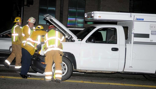 Monday evening near the Ventura and A Street intersection, a vehicle struck a white truck head on, causing significant damage. The second unknown vehicle fled the scene before authorities arrived. No injuries were reported at the time of the accident.