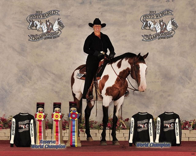 Taurie Banks with horse Tribal King and the many awards. Photo by Jeff Kirklan Photography.