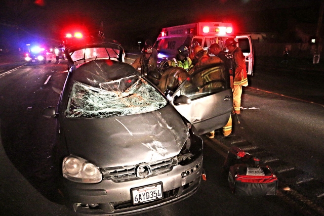 On Thursday, January 29, 2015 at 6:00pm three horses apparently got loose from their stable and were wandering on Highway 126 at Hooper Canyon Road. Two cars collided with two of the horses on Highway 126, killing both horses and injuring the drivers. One of the drivers had to be extracted from the car. Photos courtesy Sebastian Ramirez.