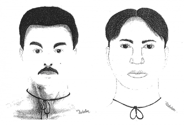 Above - Composite drawing of the suspect. The suspect is described as being Hispanic, approximately 5’5” to 5’8” in height, 20-30 years old, with black hair.  He possibly has a facial mole and a mustache. He is said to have a very high pitched, squeaky type voice.  In both incidents, the suspect wore a black cape as he exposed himself.